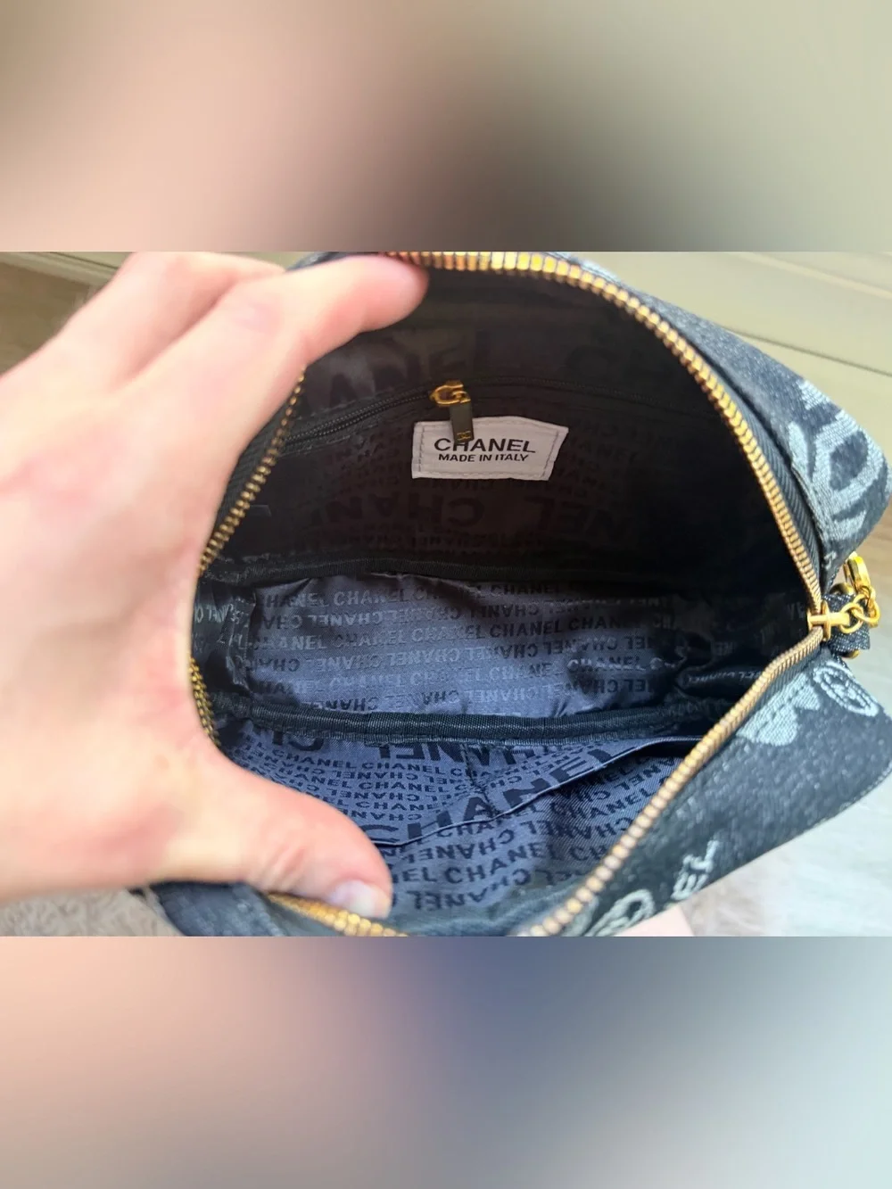 Chanel MAKEUP Dark Denim CC Branded Hand Bag w Gold Hardware/CC Branded DustBag